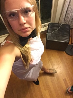 Bowtie, mismatched shoes, negligee & drinking straw glasses.