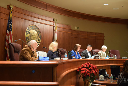 The new council: Gary Cadd, left, Mayor Pro Tem Kristen Schreder, Mayor Missy McArthur, Vice Mayor Brent Weaver and Francie Sullivan. Photo by Jon Lewis.