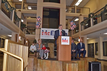 McElvain outlines his campaign during a noon rally at the Atrium in downtown Redding.