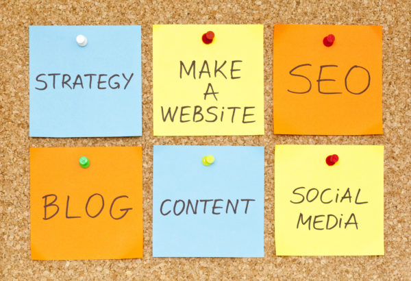 Six sticky notes on an office cork bulletin board about making a website.