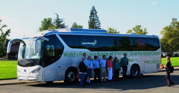 The high-tech coach is manufactured by BYD in Lancaster, California.