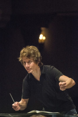 Conductor Scott Seaton and the North State Symphony practices during a rehearsal in Laxson Auditorium on Saturday, February 21, 2015 in Chico, Calif. (Jason Halley/University Photographer)
