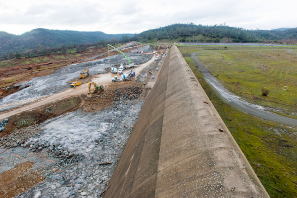 The Oroville Dam auxiliary spillway, February 19. Photo by Florence Low, courtesy of CDWR.