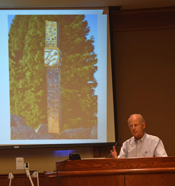 Jim Phillips gave a brief presentation on his donated "Cloud Column" sculpture. Photo by Jon Lewis.