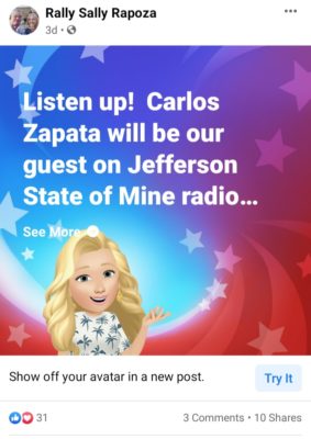 Sally Rapoza’s Facebook advertisement for the Zapata appearance on the radio show